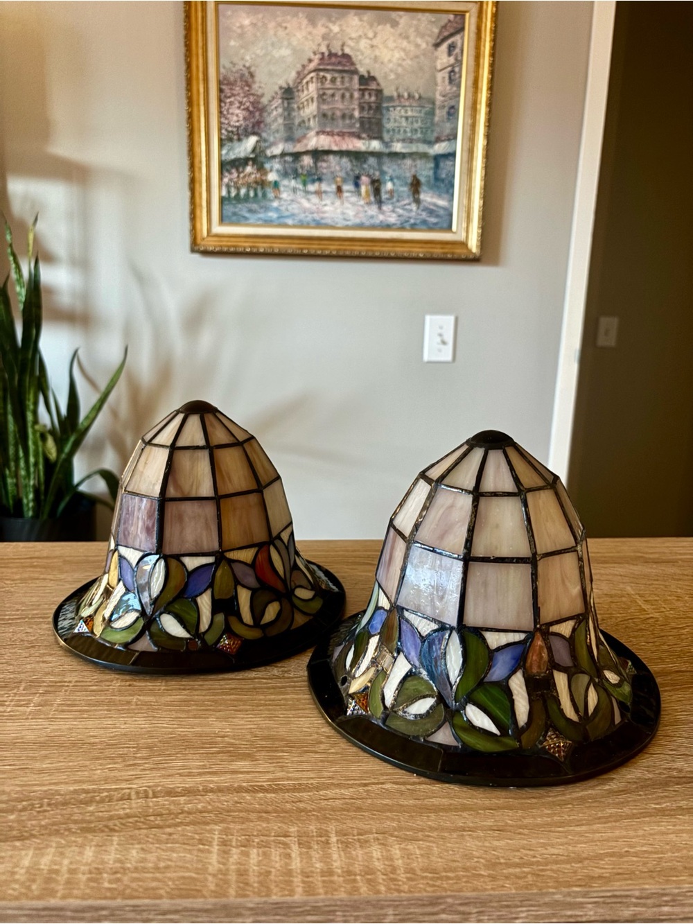Pair of Vintage Tiffany-Style Stained Glass 3 Hole Bell Shape Pendant Light 6.5”